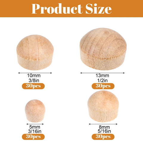 120 Pcs Wood Plugs Set In 4 Sizes 3/16 Inch 5/16 Inch 3/8 Inch And 1/2 Inch Round Head Hardwood Hole Plugs displayed in varying sizes.