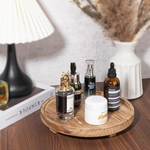 Round Wood Decorative Tray For Bathroom Counter Organizer And Farmhouse Kitchen Decor Wooden Riser For Soap Dish Perfume Candle Sponge 10 Inch Brown