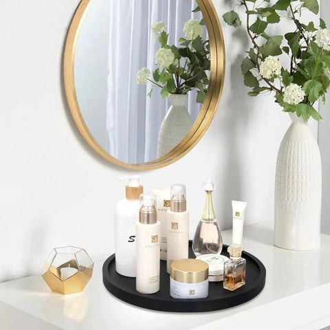 Round Wooden Bathroom Tray With 360 Degree Silent Rotation Lazy Susan Turntable on vanity with perfumes and accessories