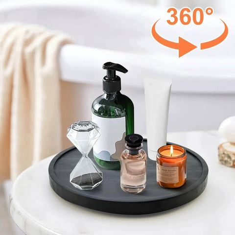 Round Wooden Bathroom Tray With 360 Degree Silent Rotation Lazy Susan Turntable holding toiletries on countertop