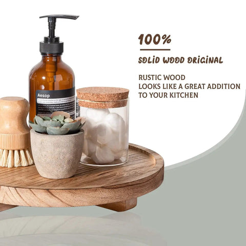 Round Wood Decorative Tray For Bathroom Counter Organizer And Farmhouse Kitchen Decor Wooden Riser with soap, brush, and jars