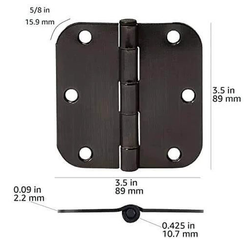 Rounded Five Eighths Radius Interior Door Hinges Set, Eighteen Pack, Oil Rubbed Bronze Finish, Durable Steel Construction, 3.5 By 3.5 Inches, Includes 108 Mounting Screws, Complete Interior Door Hardware.
