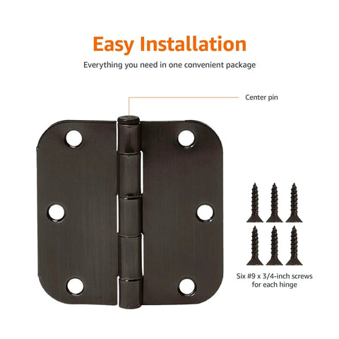 Rounded Five Eighths Radius Interior Door Hinges Set, Eighteen Pack, Oil Rubbed Bronze Finish, durable steel, screws shown