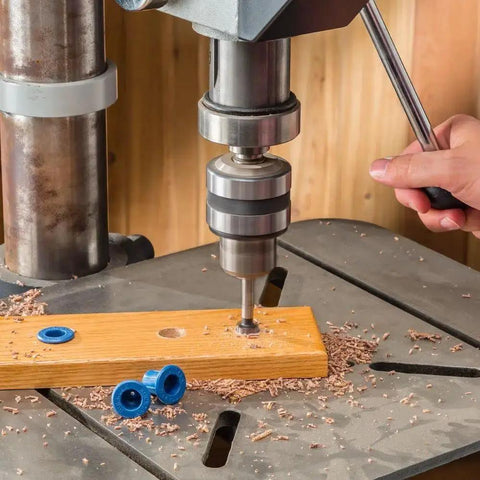 Router Bit Storage Inserts Set For 1/4 And 1/2 Inch Shank Router Bits, Durable polyethylene inserts on a drill press setup