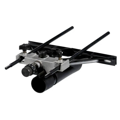 Universal router edge guide with dust collection offers precise fine adjustment and a parallel fence for straight edge routing