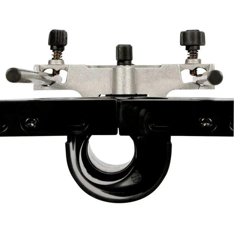 Universal router edge guide with dust collection offers precise fine adjustment and a parallel fence for straight edge routing
