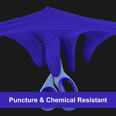Royal Blue Nitrile Gloves 6 Mil Latex Free Raised Diamond Texture Medium demonstrating puncture resistance with scissors