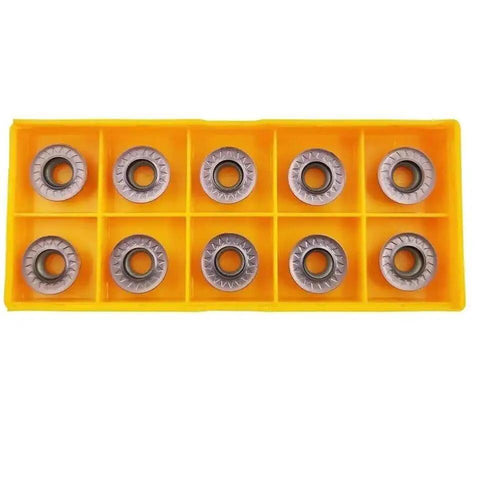 SRDPN1616H12 Tool Holder With 10 RPMT1204 MOE Indexable Milling Inserts set in yellow case for CNC milling.