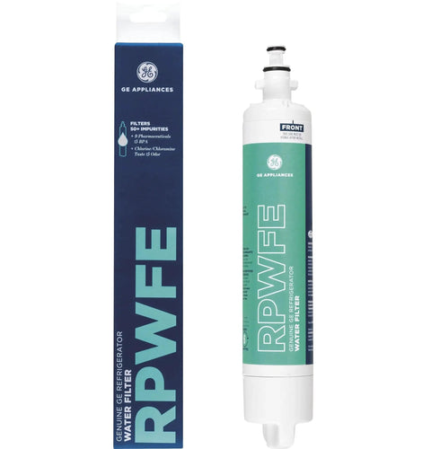 RPWFE Replacement Water Filter For Refrigerator Reducing Lead, Microplastics, PFOA And PFOS, 50 Plus Impurities, packaging and filter front view