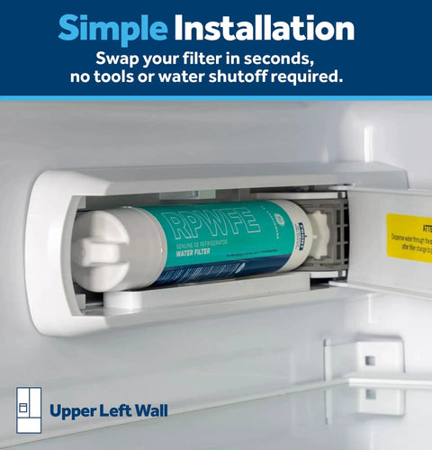 RPWFE Replacement Water Filter For Refrigerator Reducing Lead, Microplastics, PFOA And PFOS installed in fridge compartment