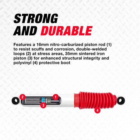 Beefed Up RS5000X Suspension Shock Absorber Fitment For Classic Dodge W Series Trucks Ram 50 Raider And Similar Jeep Models With Smooth Ride And Easy Install, showing piston rod and polyvinyl boot.