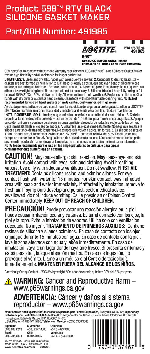 Automotive RTV Silicone Gasket Maker Black 598 packaging with safety instructions and part ID 491985.