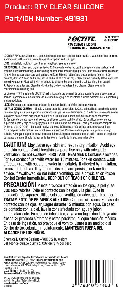 Label of RTV Clear Silicone Adhesive And Sealant showing product details and safety precautions in English and Spanish.