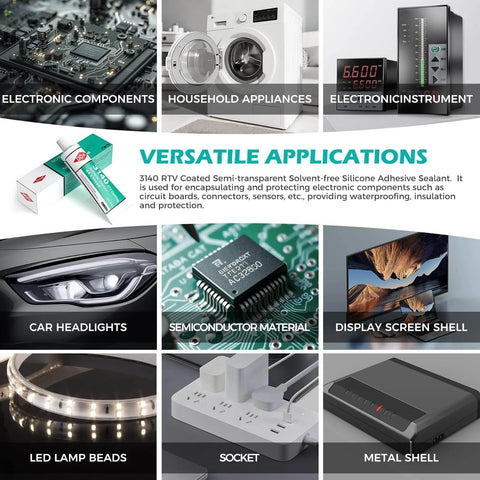 Clear One Part RTV Coating And Adhesive Sealant for electronics shown in various applications including automotive and household use.