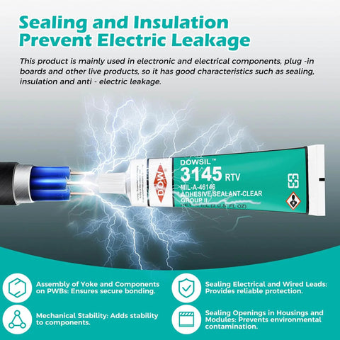 Tube of Heavy Duty High Temp Waterproof Sealed RTV Silicone Adhesive 90ml 3oz for Electronics with features listed.
