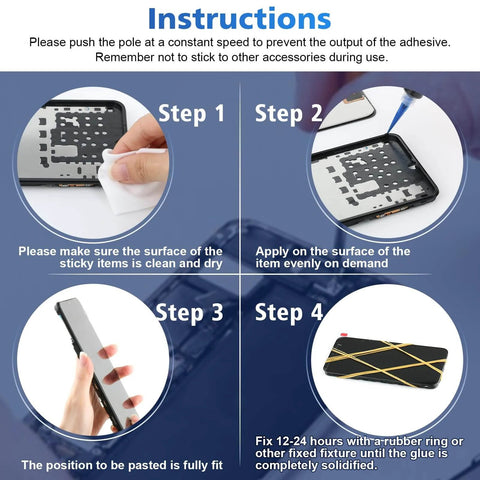 Instruction steps for using Go To RTV Silicone Adhesive Glue For Phone Screen Replacement And Repair on various surfaces.