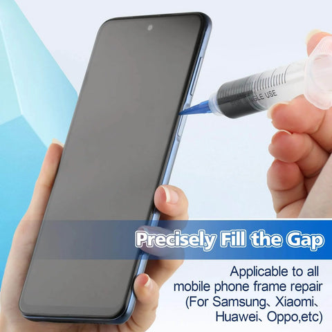 Syringe applying Go To RTV Silicone Adhesive Glue For Phone Screen Replacement And Repair, LCD Display Touch Screen Bonding Sealant For Huawei, Samsung, Xiaomi, OPPO And More on a smartphone edge for repairs.