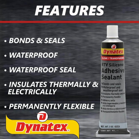 Clear RTV Silicone Adhesive Sealant For Waterproof Moisture Cure Bonding Single Component Formula Delivers Permanent Flexibility And Thermal And Electrical Insulation In An 85g Tube Ideal For Home Auto And Workshop Projects, featuring product tube and features list on packaging.