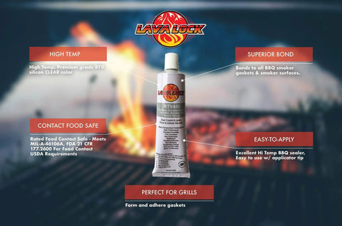 Food Safe BBQ Grade Adhesive For Grills And Smokers High Temp RTV Silicone Clear 3 Ounce tube on a grill background