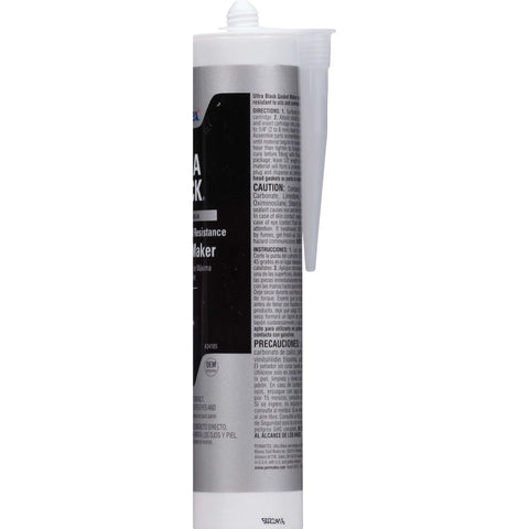 Side view of Ultra Black Maximum Oil Resistant RTV Silicone Gasket Maker with labeling visible on tube.