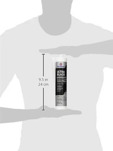 Ultra Black Maximum Oil Resistant RTV Silicone Gasket Maker tube held between hands showing size, for valve covers and oil pans.