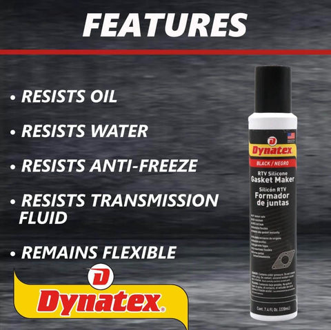 Image of a Dynatex product label reading Low-Volatile RTV Silicone Gasket Maker For Automotive, Instant Leak-Proof Sealant, Resists Oil and more.