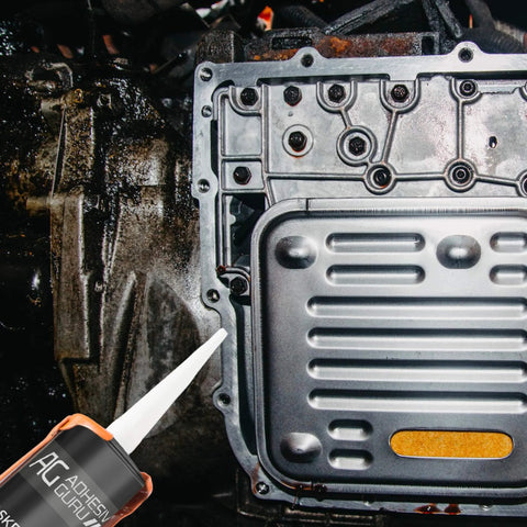 High Temp RTV Silicone Gasket Maker And Sealant 10.5 Fl Oz Red Heat Resistant applied to vehicle engine component
