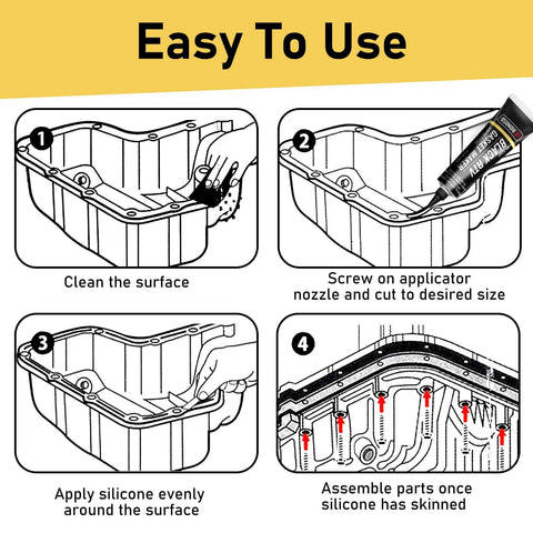 Instructions for using Black RTV Silicone Sealant Gasket Maker For Automotive, showing application process on engine oil pan.