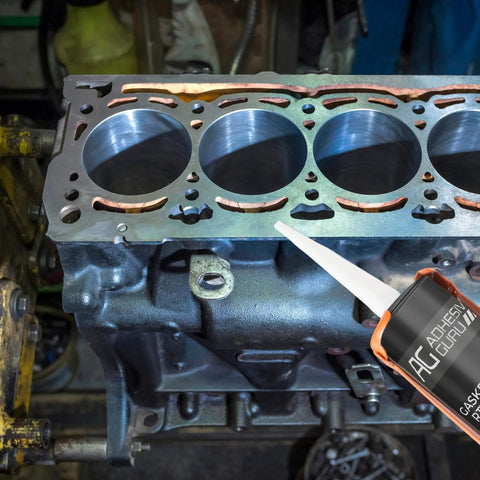 High Temp RTV Silicone Gasket Maker And Sealant 10.5 Fl Oz Red Heat Resistant From 104 F To 572 F Tough Auto And Machinery Gasket Sealer For Engine Radiator Exhaust And Vehicle Seals 1 Pack applied on engine block