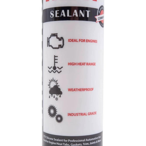 Label on Heavy Duty High Temp RTV Silicone Gasket Sealant 10.2 Oz Cartridge Auto Shop Grade Adhesive highlighting features and uses