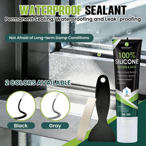 Pro-Grade RTV Silicone Sealant, 100 Percent Silicone, Waterproof, Black, 150g tube shown with applicator and example sealant color.