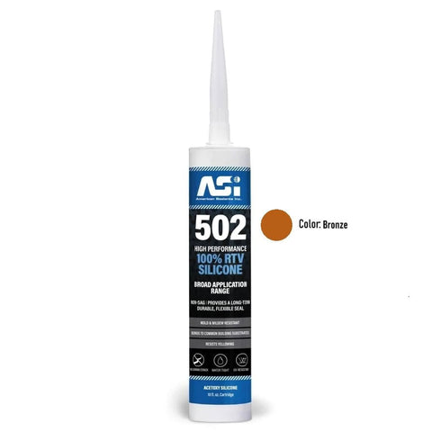 Front view of a bronze-colored ASI 502 High Performance 100% RTV silicone sealant tube with application instructions on label.