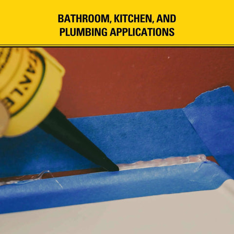 Application of All Purpose RTV Silicone Sealant White Caulk 12 Pack 100 Percent Waterproof around a sink area with blue masking tape