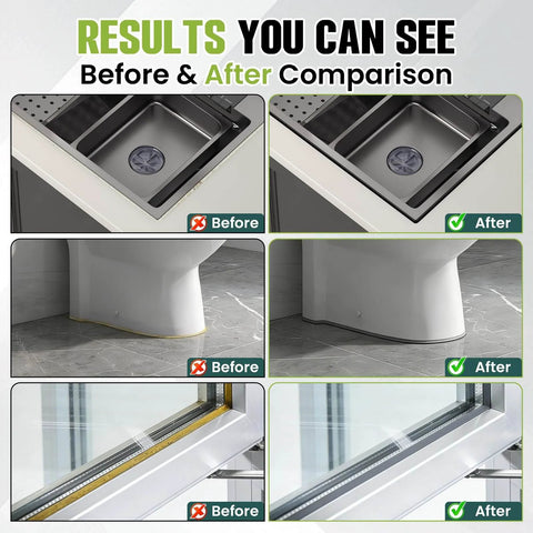 Pro-Grade RTV Silicone Sealant, 100 Percent Silicone, waterproof, used in kitchen sink, toilet, window before-after comparison