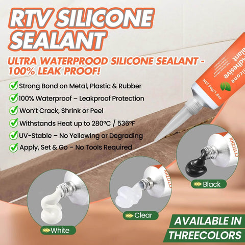 Go-To All-Purpose Silicone Sealant Adhesive for Kitchen Bathroom Window and Door Sealing Waterproof Flexible Bond Shrink Crack Resistant Clear 3.4 Fl Oz shown in use with features listed.