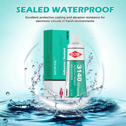 Clear One Part RTV Coating And Adhesive Sealant For Electronics 100ml Tube next to box, shown in water showcasing waterproof features.