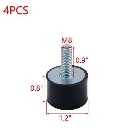Four pack 30x20mm rubber anti vibration mounts with M8 x 23mm studs, showing measurements and single mount detail.
