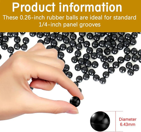 Hand holding a small black rubber ball spacer with dimensions, used for raised panel cabinet doors, 1000 pack, fits one quarter inch groove.