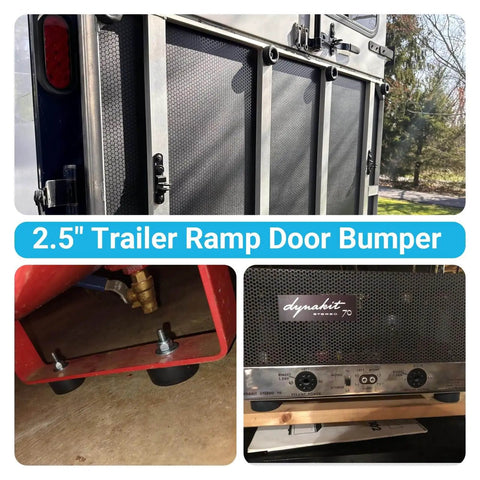 Beefed Up Heavy Duty Round Rubber Bump Stops 1 x 2.5 Inch With Screws, Industrial Grade Shock Absorbing Pads on a trailer ramp door.