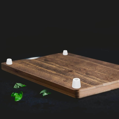 Wooden board with 10 Pack Rubber Bumper Feet With Stainless Steel Washer And Screws For Furniture, non-marking pads visible
