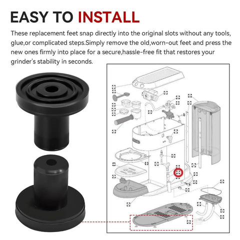 Diagram and image of Rubber Feet Bumper Replacement Set For DBM-8P1 Coffee Burr Mill Grinder No Slip Stability And Noise Reduction