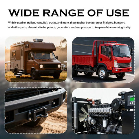 Two Pack 2.5 Inch Trailer Door Bumper Rubber Stops With Screws Nuts And Gaskets For Shock Absorption shown with vehicle applications.