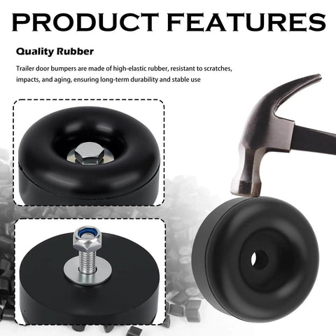 Two Pack 2.5 Inch Trailer Door Bumper Rubber Stops With Screws Nuts And Gaskets for shock absorption, black rubber, close-up