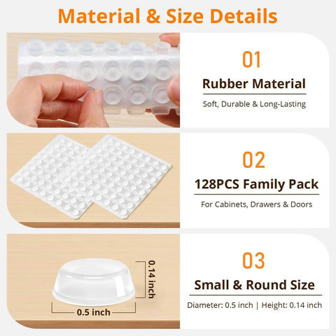 128 Pack Clear Rubber Cabinet Bumpers With Self Adhesive Silicone Pads for Cabinets Drawers and Doors, size details displayed