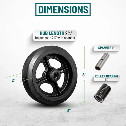 8 Inch Diameter 2 Inch Tread Rubber On Cast Iron Wheel With 650 Lb Capacity Replacement Caster for commercial and industrial carts