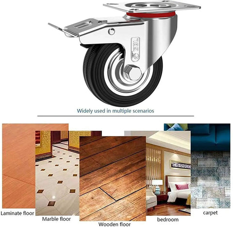 3 Inch Heavy Duty Caster Wheels With Two Brakes And Screws Set Of 4 Silent Rubber Castors For Furniture No Floor Marks Silver Trolleys