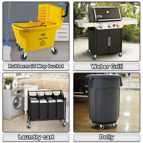 Heavy Duty Stem Caster Wheels 7 16 Inch Stem Diameter Swivel Rubber Casters TPR Replacement Wheels 4 Pack For Mop Buckets Utility Carts Shop Vac Grills And More Each Supports Up To 200 Lbs installed on a mop bucket, grill, laundry cart, and dolly in different settings.