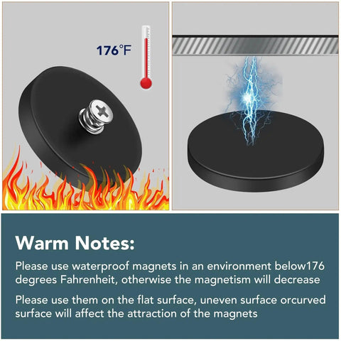 Image of rubber-coated mounting magnet with M5 threaded stud, shown with temperature warning and installation note.