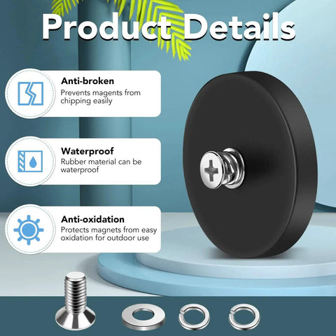 Close-up of rubber-coated mounting magnet with M5 threaded stud, screw spacer, washers; details show anti-broken, waterproof, anti-oxidation features