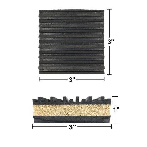 Four pack of rubber and cork vibration isolation pads, 3x3x7/8 in, dampen machine noise and protect flooring, ribbed design shown.